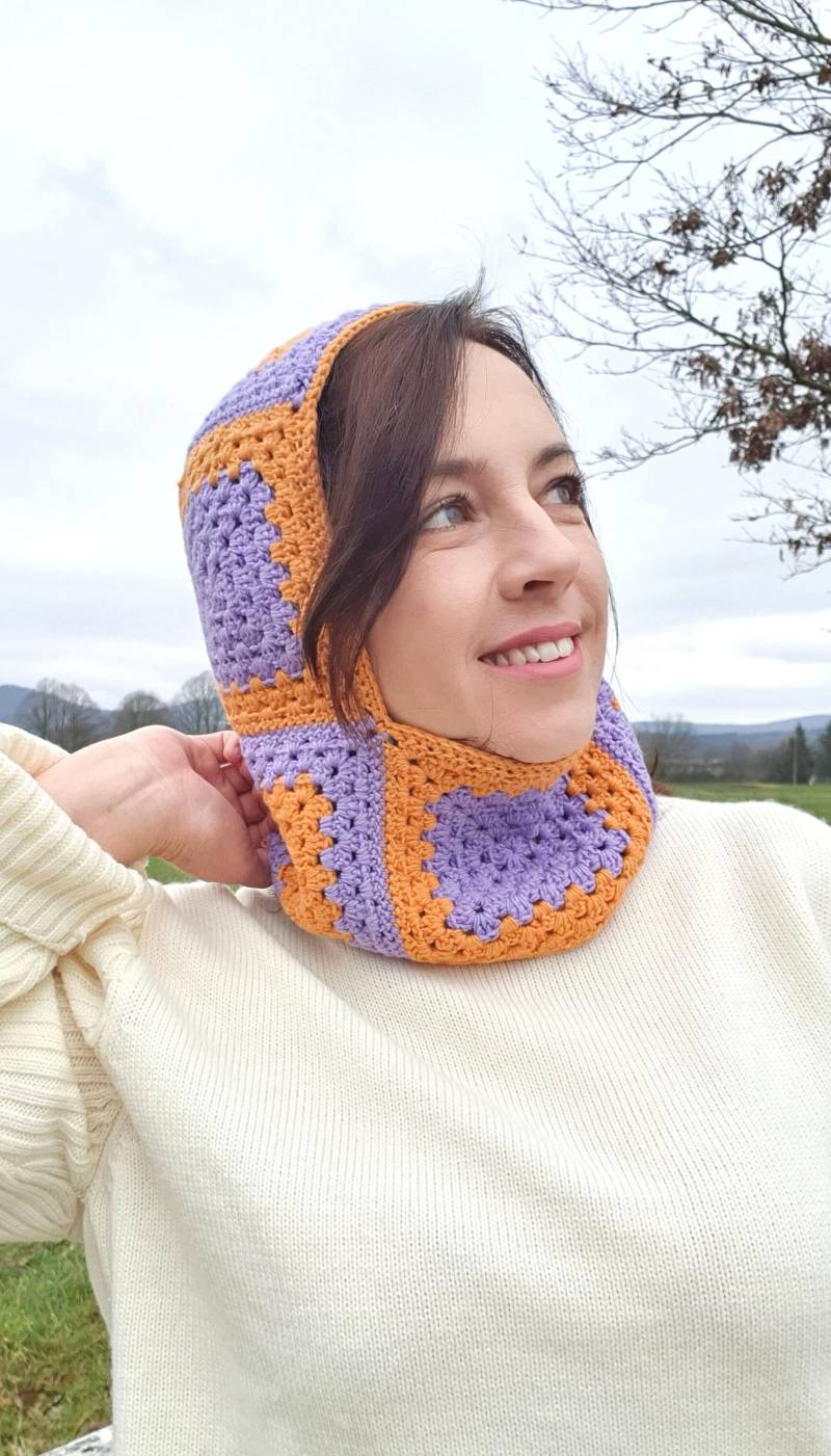 Handgestrickte Merino Wolle Balaclava Flieder & Orange Gehäkelte Ski-Maske von ZHADANAKNIT