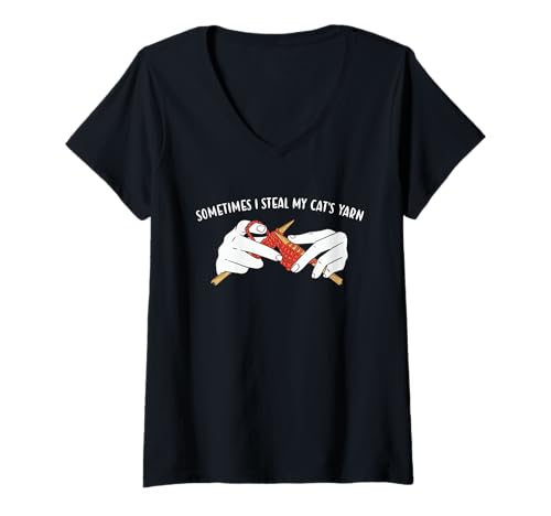 Damen Manchmal stehle ich das Garn meiner Katze T-Shirt mit V-Ausschnitt von Knitter Present