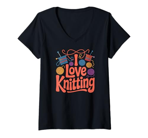 Damen I Love Knitting Kreative Garnknäuel T-Shirt mit V-Ausschnitt Damen I Love Knitting Kreative Garnknäuel T-Shirt mit V-Ausschnitt von Knitting Enthusiast Yarn Wool Patterns