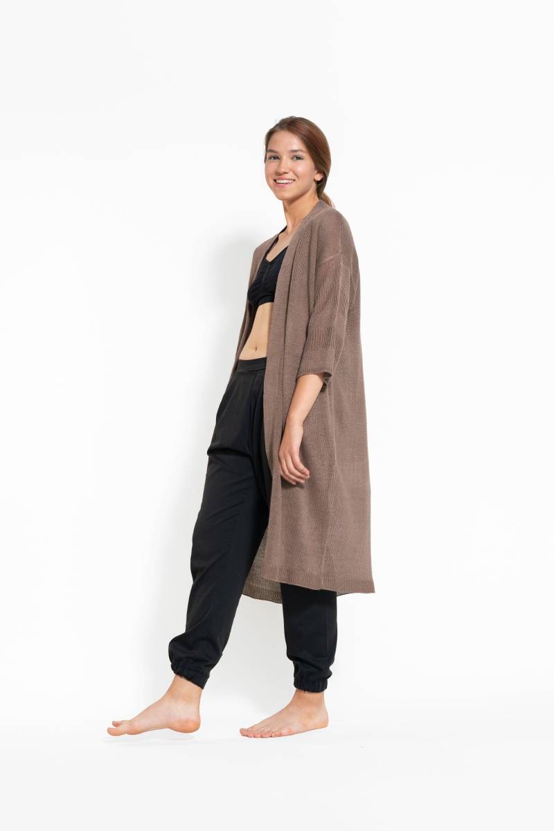Gestrickte Leinenjacke Lange Cocoa Boho Summer Cover-Up von KnittingmaniaStudio