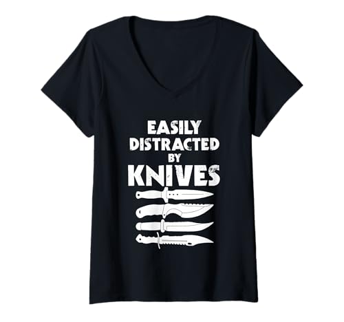 Damen Leicht von Messern abgelenkt T-Shirt mit V-Ausschnitt von Knives Saying Knife Collecting