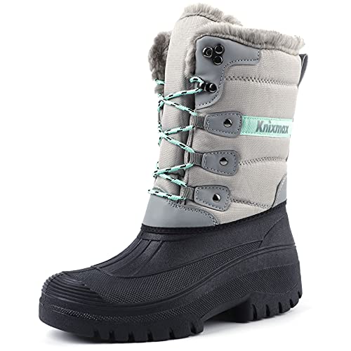 Knixmax Damen Schneestiefel Winterstiefel Warme Gefüttert Hoch Winterschuhe rutschfest Wasserdicht Gummilaufsohle Hellgrau Gr.37EU von Knixmax