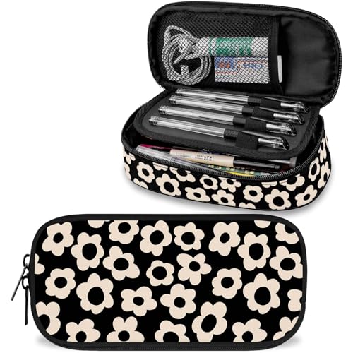 Schwarzes Federmäppchen mit beiger Blume, großes Fassungsvermögen, niedliches Federmäppchen für Mädchen, Jungen, Teenager, Damen, Herren, Erwachsene, tragbares Kinder-Federmäppchen mit Reißverschluss Schwarzes Federmäppchen mit beiger Blume, großes Fassungsvermögen, niedliches Federmäppchen für Mädchen, Jungen, Teenager, Damen, Herren, Erwachsene, tragbares Kinder-Federmäppchen mit Reißverschluss von Knobcar