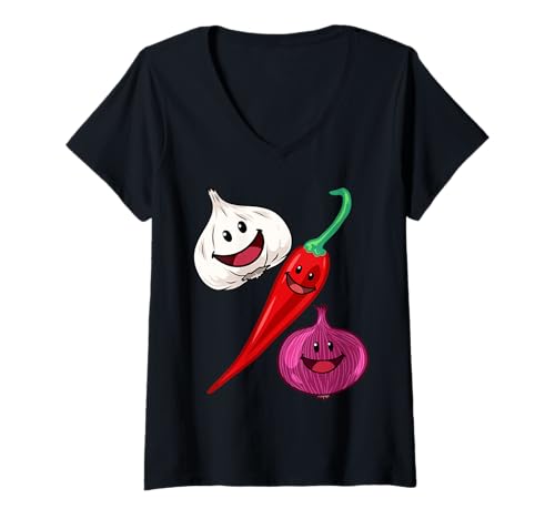 Damen Knoblauch Paprika kochen Chili Gewürze Küche Hobbykoch Koch T-Shirt mit V-Ausschnitt Damen Knoblauch Paprika kochen Chili Gewürze Küche Hobbykoch Koch T-Shirt mit V-Ausschnitt von Knoblauch Paprika kochen Chili Hobbykoch Zwiebel
