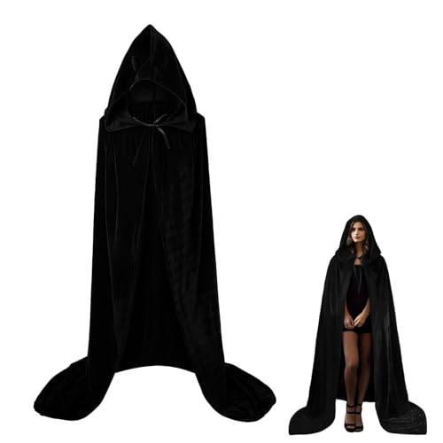 Knocery Halloween Umhang mit Kapuze, Schwarzer Unisex Umhang Kapuze Lange Kapuzenumhang, SamtUmhang Vampir Kostüm Cosplay Kapuzenumhang Halloween Kostüm Erwachsene (Schwarz, L) von Knocery