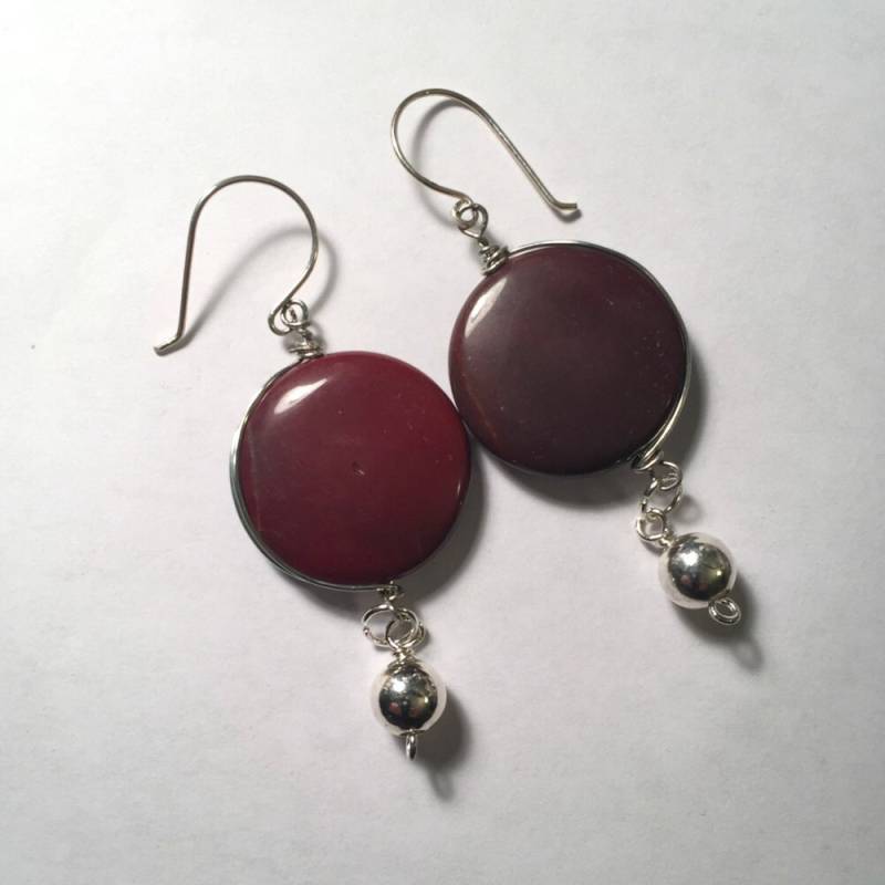 Kastanienbraune Mookait Münze Perle Silber Plated Draht Und Perlen Ohrringe - Est003 Kastanienbraune Mookait Münze Perle Silber Plated Draht Und Perlen Ohrringe - Est003 von KnotObsoleteDesign