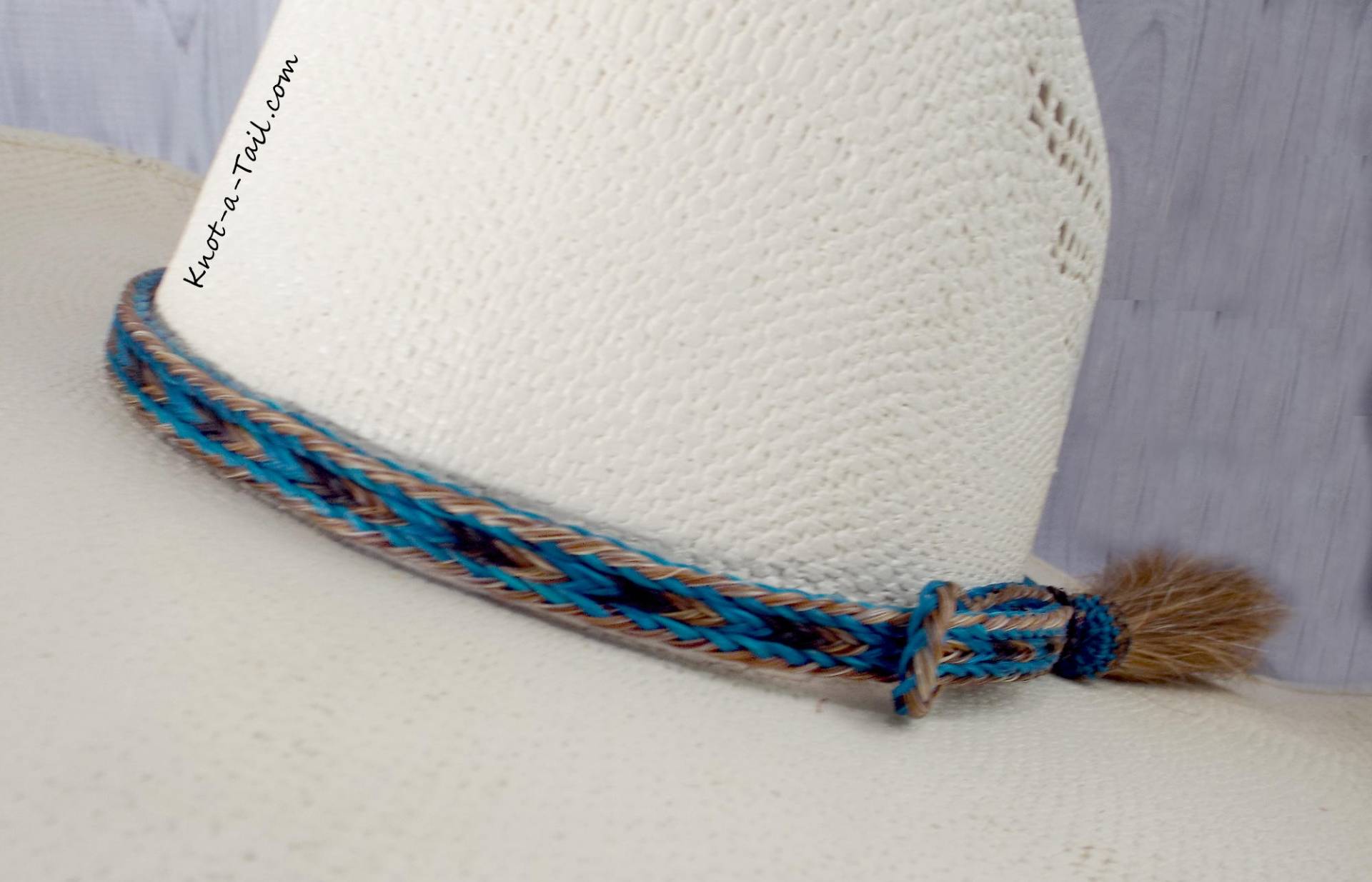 Hutband Aus Pferdehaar, Seitliche Quaste, Zimt-Türkis, Cowboyhutband Western-Hutband, Rodeo 3-strangig von Knotatail