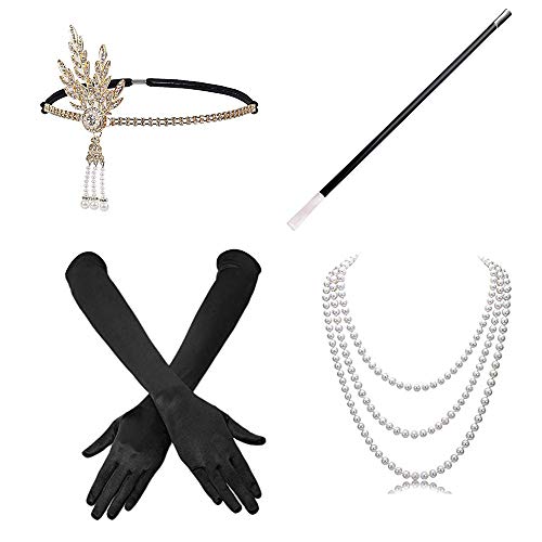 Knowing Damen Accessoires Stirnband Halskette Handschuhe Zigarettenhalter Set Für Party Kleider Damen Kostüm Accessoires (Schwarz)… von Knowing