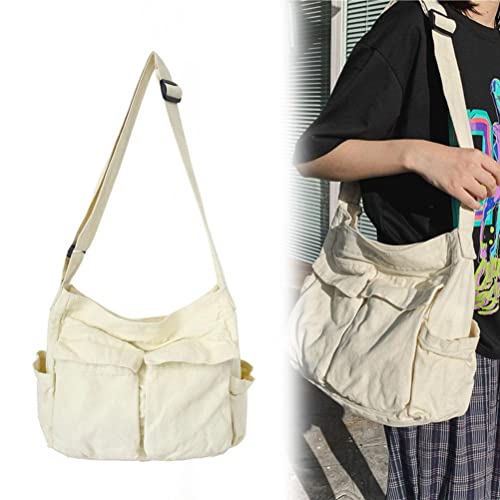 Knowoo Canvas Messenger Bag Large Capacity Hobo Crossbody Bag with Multiple Pockets Casual Bags Shoulder Tote Bag for Women and Men Shopping Work Traveling, Weiß, M von Knowoo