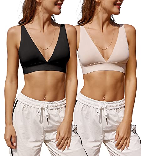 Knowyou Damen Nahtloser Plunge BH Tiefer V-Ausschnitt Drahtloser Komfort BH Ungefüttert Triangel BHS Stretch Bralettes für Frauen, schwarz/beige, Medium von Knowyou