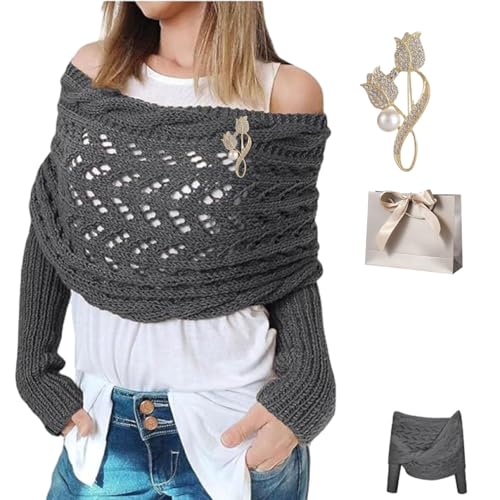 2026 Neue Schal Mit ärmeln Damen, Gestrickter Zopfmuster-Umhang, Bolero Für Damen, Schal Mit ärmeln, Schal Mit ärmelns Strick, Hand Stricken, Multifunktional Mode Hohlgestrickter Schalmantel (E) von Knubbuf