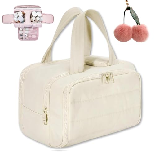 Cureaway Travel Cosmetic Bag, Large Capacity Wide-Open Travel Cosmetic Bag, 4-In-1 Portable Pouch Open Flat Toiletry Bags for Women with Divider and Handle (Beige) von Knubbuf