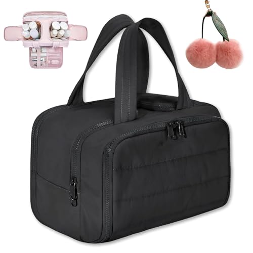 Cureaway Travel Cosmetic Bag, Large Capacity Wide-Open Travel Cosmetic Bag, 4-In-1 Portable Pouch Open Flat Toiletry Bags for Women with Divider and Handle (Black) von Knubbuf