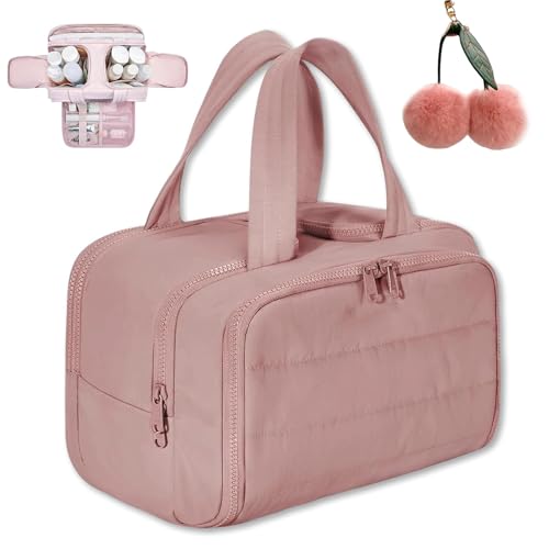 Cureaway Travel Cosmetic Bag, Large Capacity Wide-Open Travel Cosmetic Bag, 4-In-1 Portable Pouch Open Flat Toiletry Bags for Women with Divider and Handle (Dark Pink) von Knubbuf