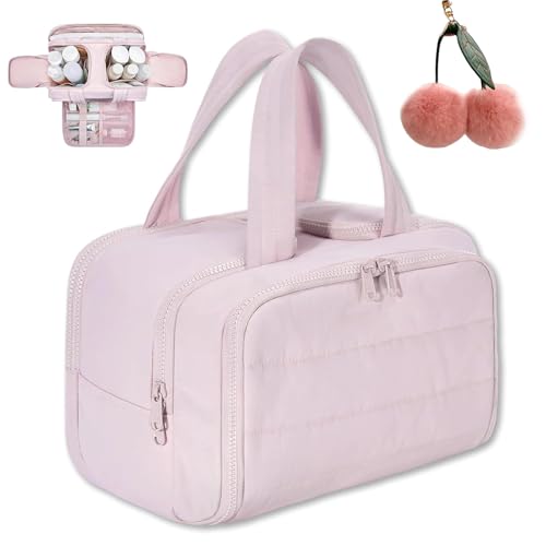 Cureaway Travel Cosmetic Bag, Large Capacity Wide-Open Travel Cosmetic Bag, 4-In-1 Portable Pouch Open Flat Toiletry Bags for Women with Divider and Handle (Pink) von Knubbuf