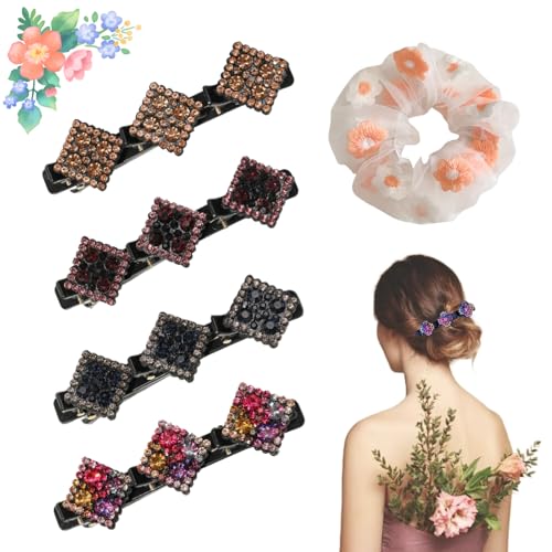 Doppelschicht Haarspange, Glitzernde Kristall-Stein Geflochtene Haarspangen, Haarspange Mit 3 Clips, Doppelschicht Haarspangen für Frauen Mädchen (D-4 Stück) von Knubbuf