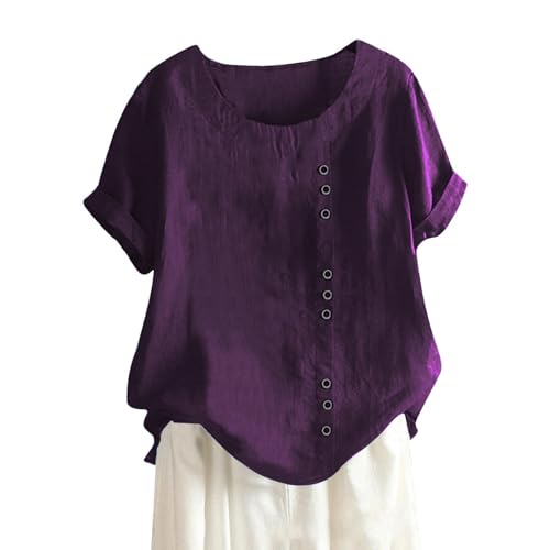 Women Cotton Linen Short Sleeve Shirts Ladies Summer Floral Print Boho Blouses Casual Button Loose Tunic Tops (A-Purple,XXL) von Knubbuf