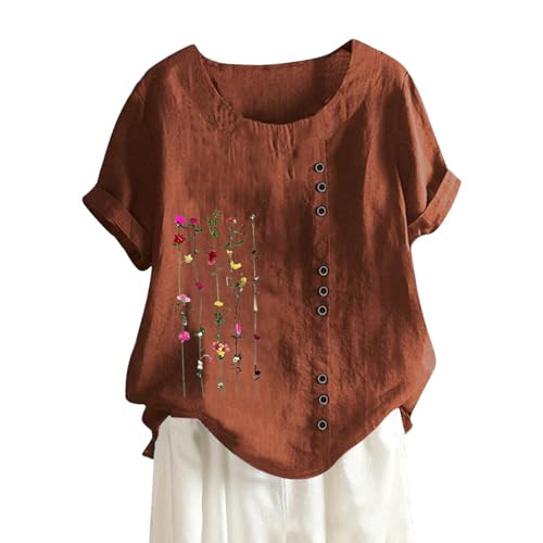 Women Cotton Linen Short Sleeve Shirts Ladies Summer Floral Print Boho Blouses Casual Button Loose Tunic Tops (F-Brown,3XL) von Knubbuf
