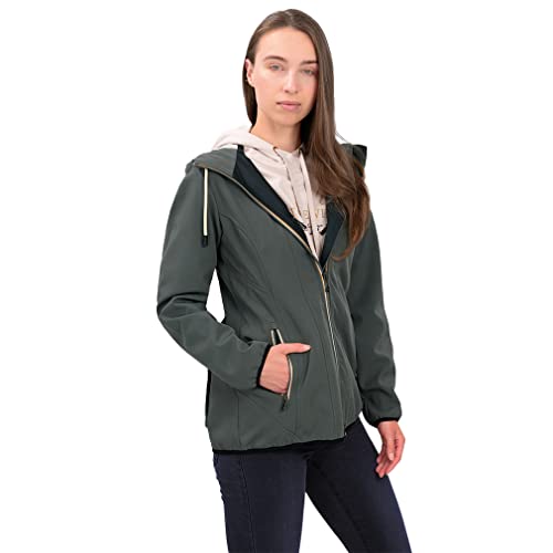Knuffelwuff Damen Softshell Jacke Manhattan Größe: M / 38 Khaki - Leichte atmungsaktive wasserabweisende Jacke mit extra vielen Taschen für Outdoor, Wandern, Reisen, Gassi gehen - Windbreaker von Knuffelwuff