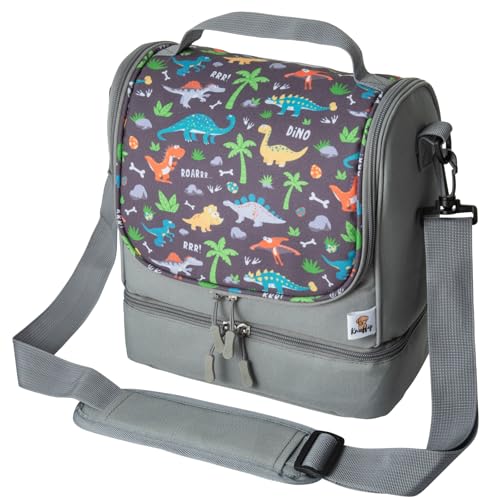 Knuffig Kinder-Umhängetasche - Toniebox & Tigerbox Transporttasche für Kinder - mit isoliertem Lunchbox-Fach und Platz für bis zu 30 Figuren (Dinosaurier Grau) von Knuffig