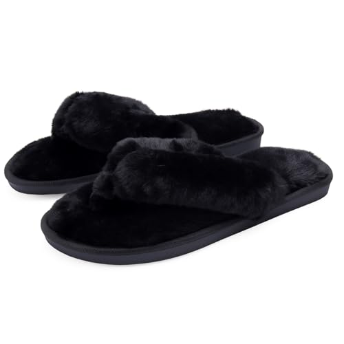 Knuffis Fell Flip Flops Plüsch Schlappen Fell Pantoletten (Schwarz, EU Schuhgrößensystem, Erwachsene, Herren, Numerisch (von/bis), M, 40, 41) von Knuffis