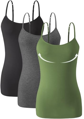 Knuffnee Damen Baumwolle Unterhemd Regal BH Unterhemden Verstellbaren Spaghetti Top 3er Pack Schwarz/Dunkelgrau/Armeegrün XXL von Knuffnee