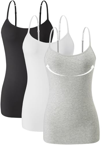 Knuffnee Damen Baumwolle Unterhemd Regal BH Unterhemden Verstellbaren Spaghetti Top 3er Pack Schwarz/Weiß/Grau M von Knuffnee