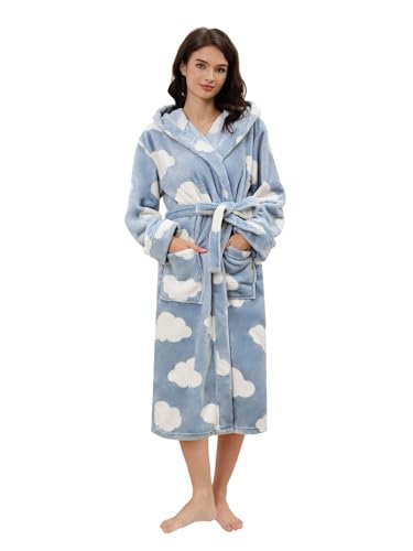 Knuffnee Damen Fleece Bademantel mit Kapuze Flauschig Morgenmantel Warm Lang Saunamantel Cloud L von Knuffnee