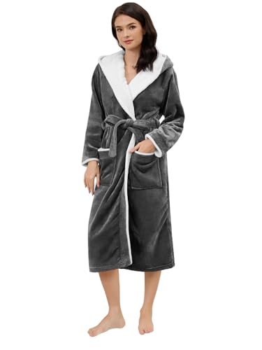 Knuffnee Damen Fleece Bademantel mit Kapuze Flauschig Morgenmantel Warm Lang Saunamantel Dunkelgrau XL von Knuffnee