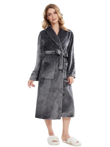 Knuffnee Damen Fleece Morgenmantel Flauschig Lang Bademantel Kuschelig Weich Saunamantel mit Taschen Grau XL von Knuffnee