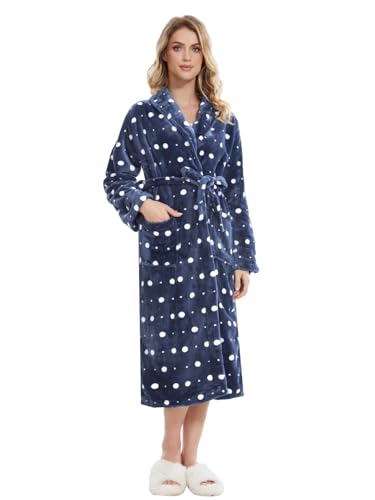 Knuffnee Damen Fleece Morgenmantel Flauschig Lang Bademantel Kuschelig Weich Saunamantel mit Taschen Punkte XL von Knuffnee