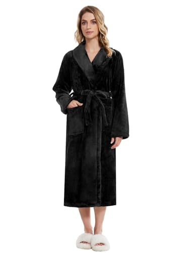 Knuffnee Damen Fleece Morgenmantel Flauschig Lang Bademantel Kuschelig Weich Saunamantel mit Taschen Schwarz XL von Knuffnee