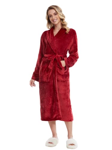 Knuffnee Damen Fleece Morgenmantel Flauschig Lang Bademantel Kuschelig Weich Saunamantel mit Taschen Weinrot L von Knuffnee