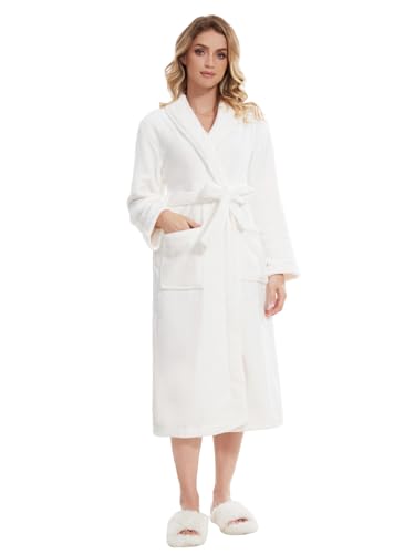 Knuffnee Damen Fleece Morgenmantel Flauschig Lang Bademantel Kuschelig Weich Saunamantel mit Taschen Weiß XL von Knuffnee