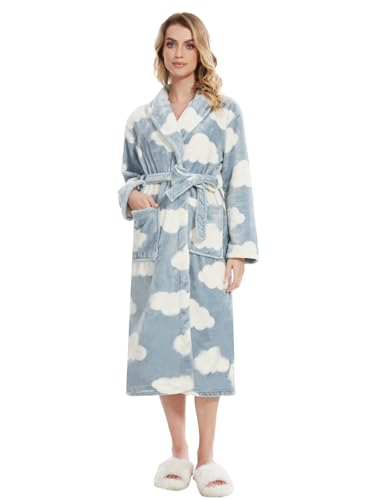 Knuffnee Damen Fleece Morgenmantel Flauschig Lang Bademantel Kuschelig Weich Saunamantel mit Taschen Wolken S von Knuffnee