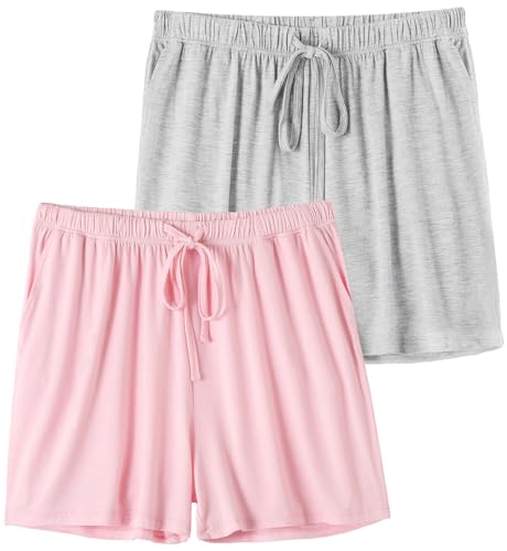 Knuffnee Damen Schlafanzughose Kurz Weiche Pyjama Shorts Pyjamahose mit Taschen und Kordelzug 2er Pack Grau/Rosa M von Knuffnee