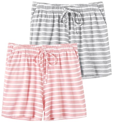 Knuffnee Damen Schlafanzughose Kurz Weiche Pyjama Shorts Pyjamahose mit Taschen und Kordelzug 2er Pack Grau Streifen/Rosa Streifen M von Knuffnee
