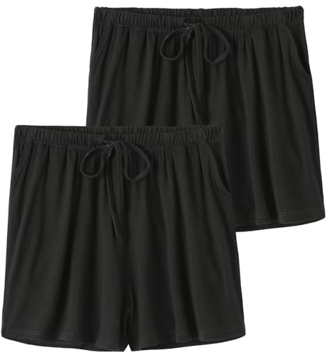 Knuffnee Damen Schlafanzughose Kurz Weiche Pyjama Shorts Pyjamahose mit Taschen und Kordelzug 2er Pack Schwarz/Schwarz L von Knuffnee