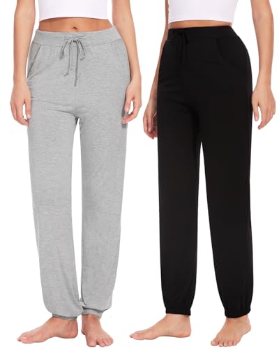 Knuffnee Damen Schlafanzughose Lang Pyjamahose Weiche Jogginghose Freizeithose mit Taschen 2 Pack Thin Grau/Schwarz M von Knuffnee
