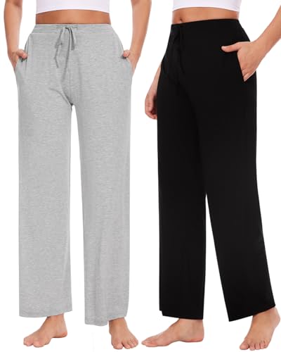 Knuffnee Damen Schlafanzughose Lang Pyjamahose Weiche Jogginghose Freizeithose mit Taschen 2 Pack Wide Grau/Schwarz XL von Knuffnee