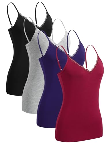 Knuffnee Damen Spitzen Unterhemd Spaghetti Träger Tank Top Verstellbare V-Ausschnitt Unterhemden 4er Pack Schwarz/Grau/Dunkelblau/Weinrot L von Knuffnee