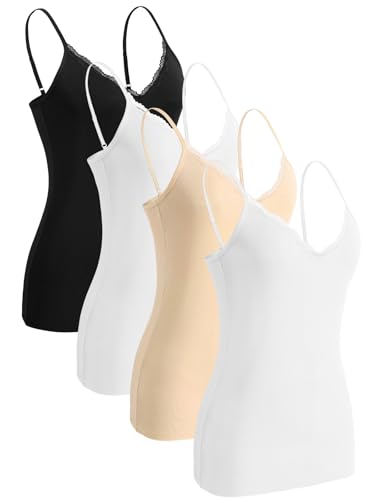 Knuffnee Damen Spitzen Unterhemd Spaghetti Träger Tank Top Verstellbare V-Ausschnitt Unterhemden 4er Pack Schwarz/Weiß/Beige/Weiß S von Knuffnee