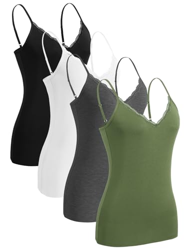 Knuffnee Damen Spitzen Unterhemd Spaghetti Träger Tank Top Verstellbare V-Ausschnitt Unterhemden 4er Pack Schwarz/Weiß/Dunkelgrau/Armeegrün L von Knuffnee