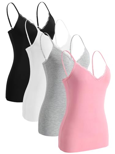 Knuffnee Damen Spitzen Unterhemd Spaghetti Träger Tank Top Verstellbare V-Ausschnitt Unterhemden 4er Pack Schwarz/Weiß/Grau/Rosa L von Knuffnee