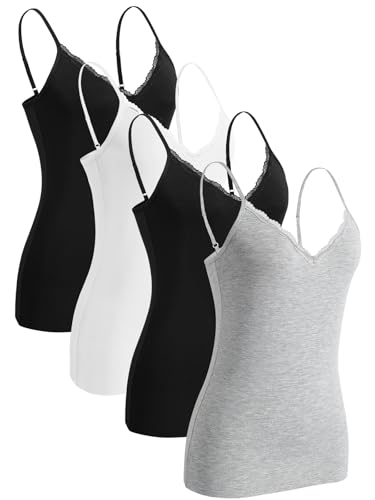 Knuffnee Damen Spitzen Unterhemd Spaghetti Träger Tank Top Verstellbare V-Ausschnitt Unterhemden 4er Pack Schwarz/Weiß/Schwarz/Grau XL von Knuffnee