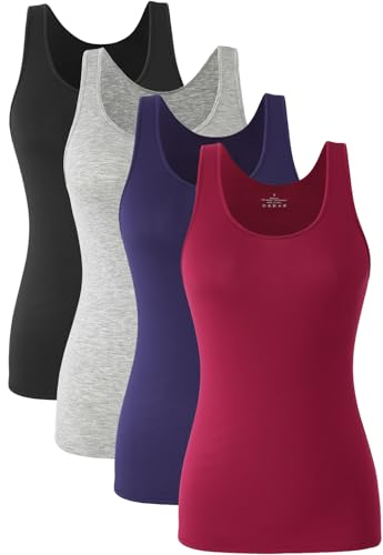 Knuffnee Damen Stretch Unterhemd Basic Tank Tops Workout Unterhemden Tops 4er Pack Schwarz/Grau/Dunkelblau/Weinrot S von Knuffnee