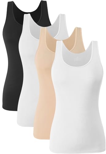 Knuffnee Damen Stretch Unterhemd Basic Tank Tops Workout Unterhemden Tops 4er Pack Schwarz/Weiß/Beige/Weiß XXL von Knuffnee