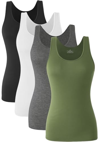 Knuffnee Damen Stretch Unterhemd Basic Tank Tops Workout Unterhemden Tops 4er Pack Schwarz/Weiß/Dunkelgrau/Armeegrün L von Knuffnee