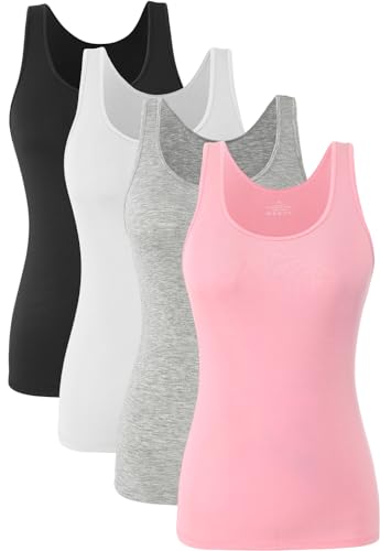 Knuffnee Damen Stretch Unterhemd Basic Tank Tops Workout Unterhemden Tops 4er Pack Schwarz/Weiß/Grau/Rosa L von Knuffnee