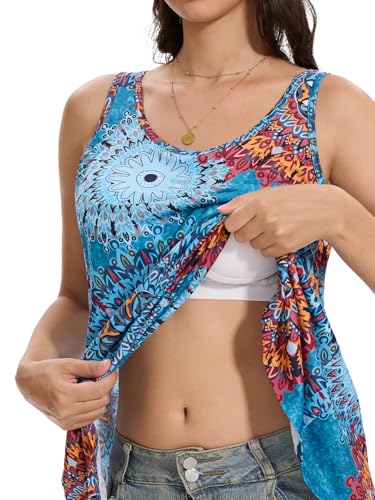 Knuffnee Damen Tank Top mit Integriertem BH Unterhemd Loose Fit Armellose Bluse Shirt Blaue Blume XL von Knuffnee